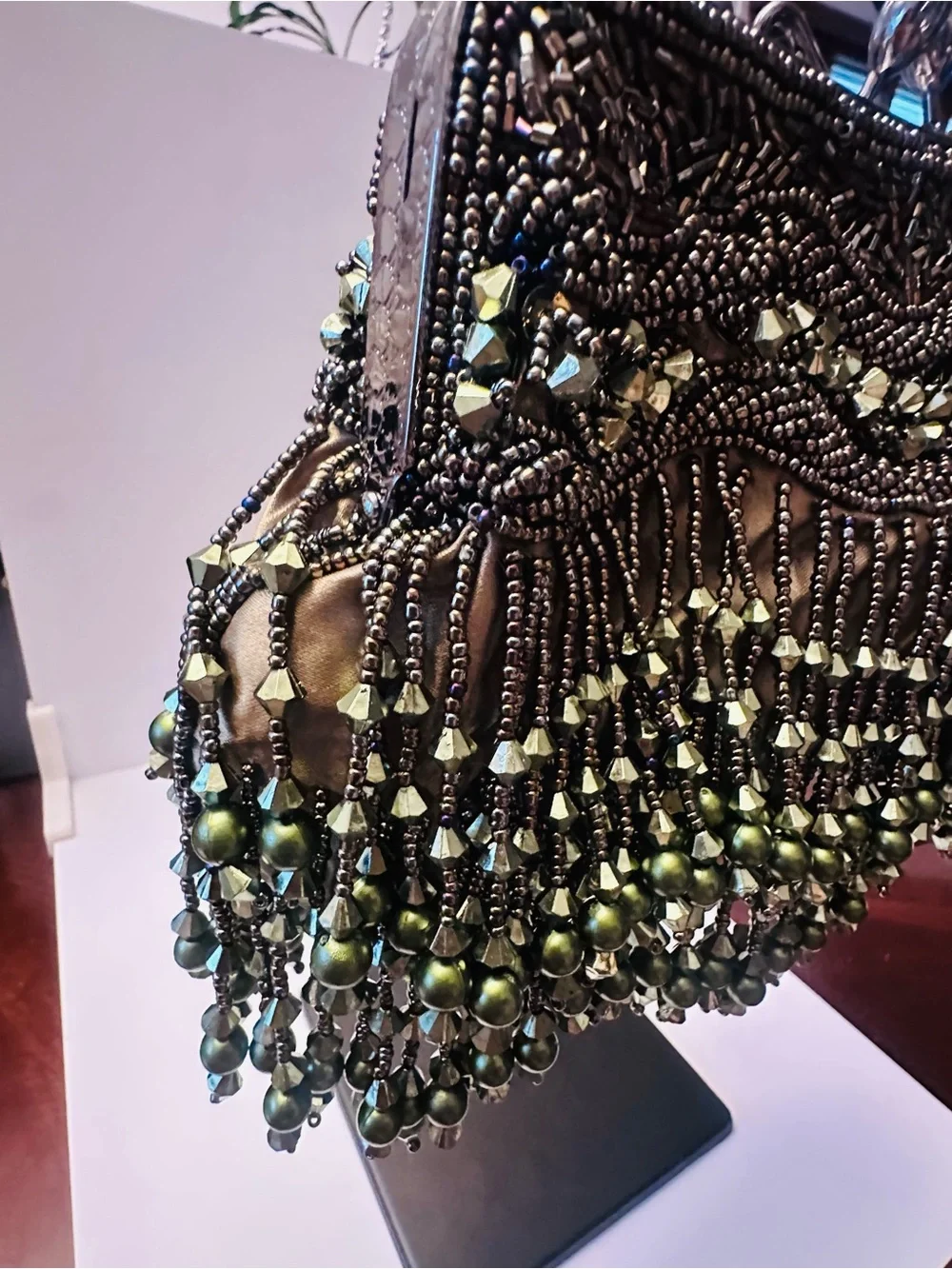 Olive Green Satin Beaded Mary Frances Inspired design Clutch/Purse with chain NW
